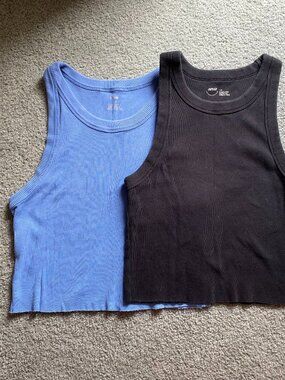 Two - Aerie ribbed high neck cropped tank top - Black & Blue - Size L